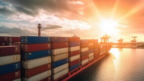 Container ship carrying container box in import export with quay