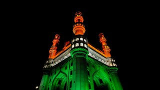 Charminar monument in Hyderabad lit in the colours of the Indian flag
