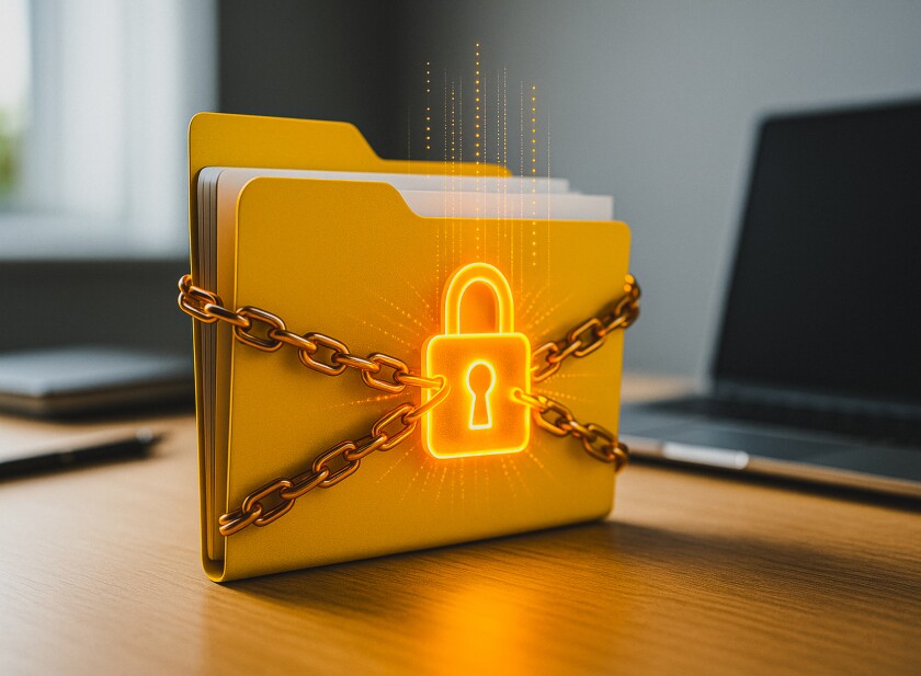Data Fortress: A conceptual rendering of digital security with a file folder under lock and chain, evoking the ideas of confidentiality and digital safety.