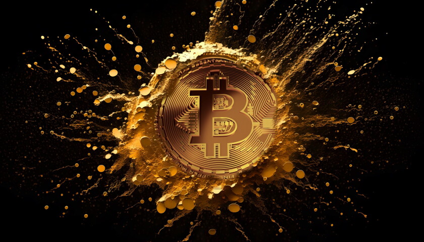 Gold bitcoin symbol on black background. Bitcoin coins splashing
