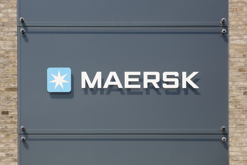 Tilst, Denmark - April 18, 2021: Maersk logo on a building. Maersk company based in Copenhagen, Denmark, is the largest container ship operator in the world