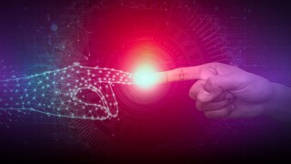 Digital and human hands touching