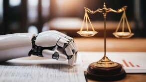Robot hand analyzing legal documents with scales of justice, symbolizing the concept of ai law and its ethical implications