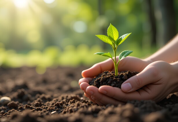 Hands Holding a Young Plant in Healthy Soil