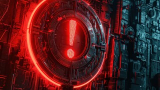Illustration Symbol of a red exclamation on a digital blurred background. Futuristic place. and location 3d rendering Technology theme Warning Be careful. Beautiful futuristic background.