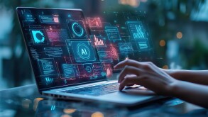 An AI and robot icon with "AI" text on a digital screen