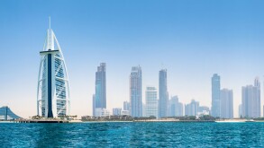 UAE, United Arab Emirates. Dubai and the Persian gulf at sunset.