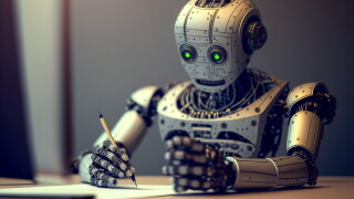 Chatgpt bot writing answers with pen on paper, Generative AI