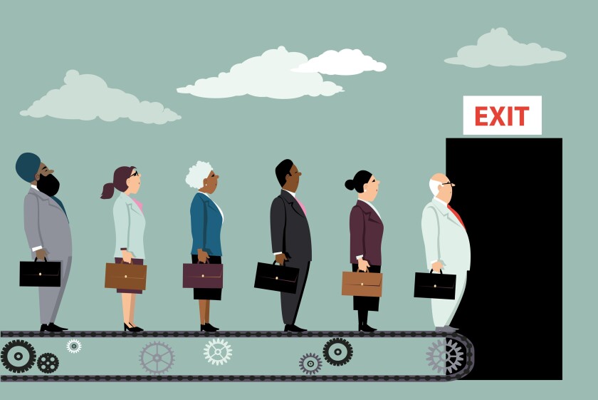 Employees on a conveyor belt leaving their jobs as a metaphor for great resignation, EPS 8 vector illustration