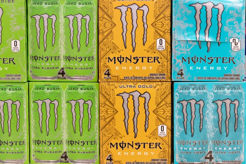 Indianapolis - Circa August 2021: Monster Beverage Display. Monster Beverage Corporation manufactures energy drinks including Monster Energy.