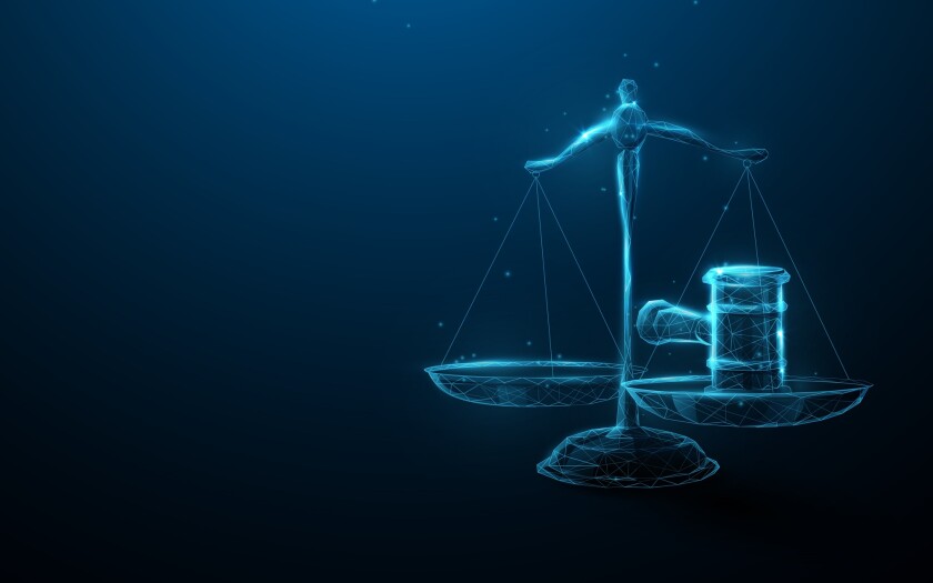 Scale icon Hammer of Justice in the Law and Justice. Low poly sc