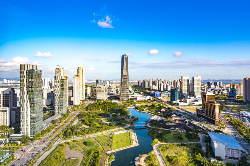Urban Landscape of Songdo International Business District and Free Economic Zone, Incheon Metropolitan City, South Korea.
