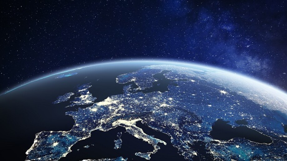 Europe viewed from space at night with city lights in European Union member states, global EU business and finance, satellite communication technology, 3D render of planet Earth, world map from NASA