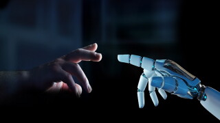 White cyborg finger about to touch human finger 3D rendering