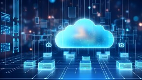 Digital informational technology web futuristic hologram with cloud icon, blue golden light digits and code background, cloud computing. Abstract Motion of digital data flow. Generative AI