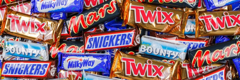 Products of Mars Inc. company like Snickers, Twix, Milky Way and Bounty chocolate bars background banner