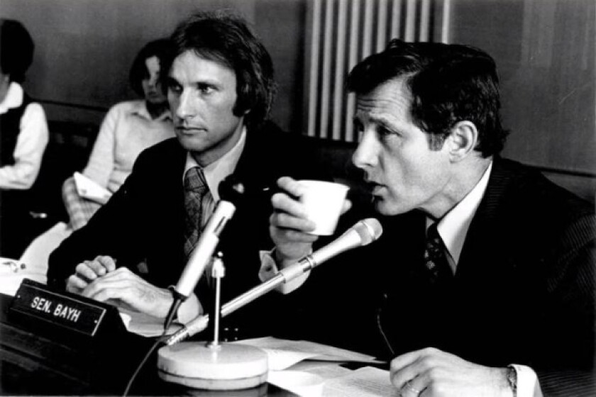 Senator Birch Bayh (right) with staffer Joe Allen (left), circa 1980 during the Bayh-Dole hearings