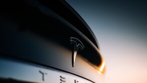 Tesla Model X P100D interior logo at the rear trunk. Elon Musk Tesla motor company bage and logo at the rear part of a car 