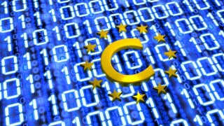 EU Copyright sumbol on blue digital glowing floor