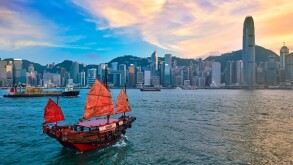 Junk boat in Hong Kong Victoria Harbour