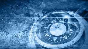 Blue ships navigation illustration with compass, lighthouse and 