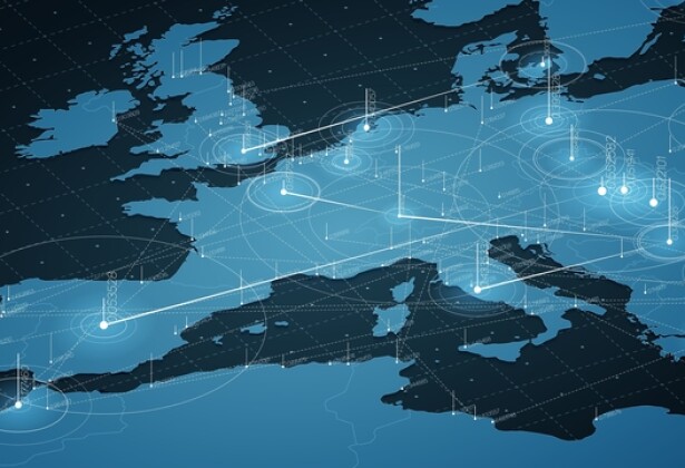 Europe blue map big data visualization. Futuristic map infographic. Information aesthetics. Visual data complexity. Complex europe data graphic visualization. Abstract data on map graph.