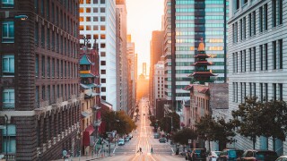 Downtown San Francisco with California Street at sunrise, San Francisco, California, USA