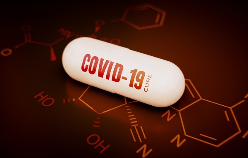 Concept of a covid-19 coronavirus cure. 3d rendering of a pill on a hi tech red background with chemical formula.