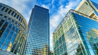 Office buildings and South Quay footbridge in Canary Wharf, London