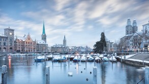 Old Zurich town in winter, view on lake