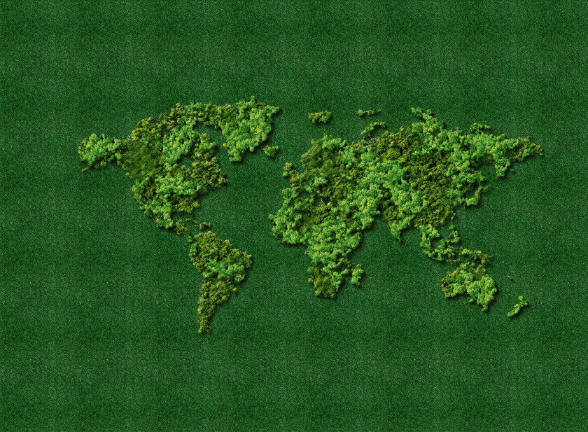 Green World Map-  tree or forest shape of world map isolated on white background. World Map Green- Earth day or environment day Concept. World map made up of various detailed trees on solid white.