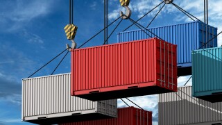 Crane hook with a cargo container for text, 3d render
