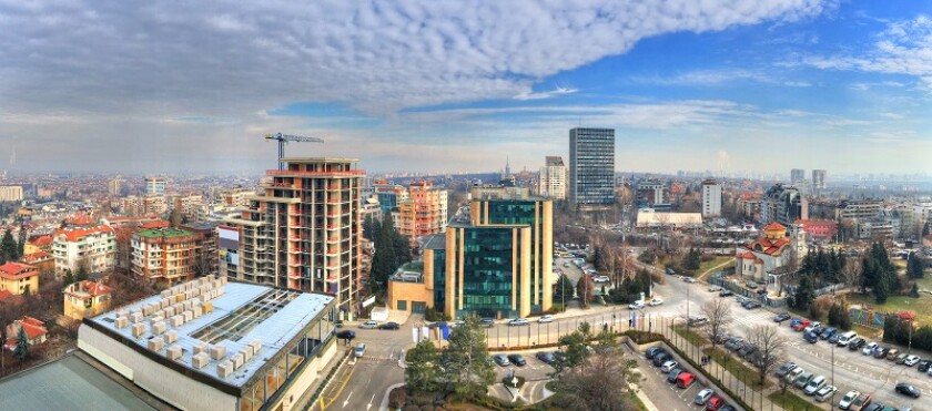 Aerial view over urban skyline and  industrial sites under construction in Sofia, capital of Bulgaria