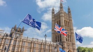 London / UK - June 26th 2019 - European Union and Union Jack fla