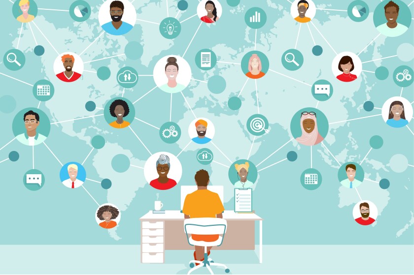 Corporate team working remotely online on project. Manager, diverse employees working together, international network, virtual office at map, freelancers group. Business communication vector banner
