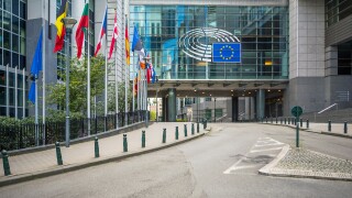European Parliament offices and European flags in Brussels, Belg