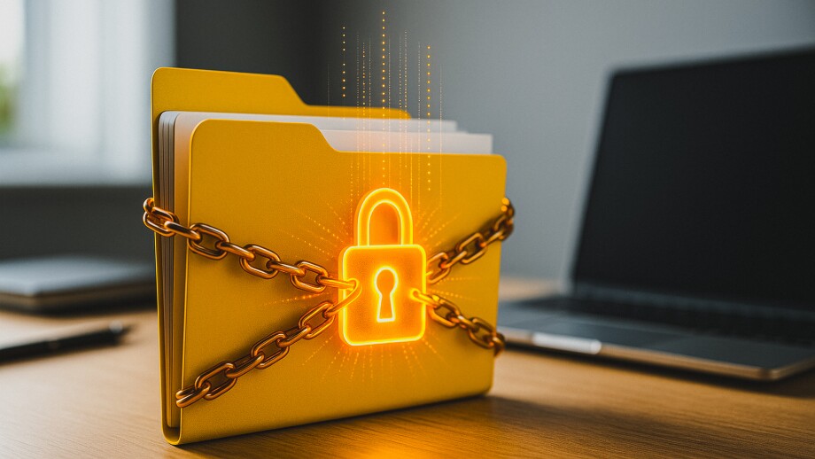 Data Fortress: A conceptual rendering of digital security with a file folder under lock and chain, evoking the ideas of confidentiality and digital safety.
