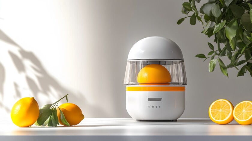 An electric citrus juicer with a compact design, placed on a plain white surface for a sharp presentation.
