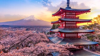 Fujiyoshida, Japan Beautiful view of mountain Fuji and Chureito