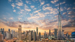 Amazing panoramic view on Dubai futuristic skyline, United Arab Emirates