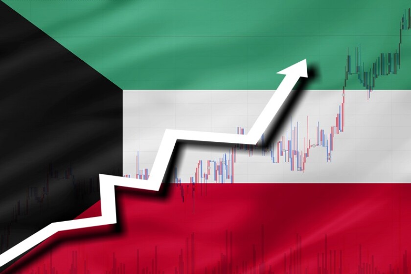 White arrow and stocks chart growth up on the background of the flag of Kuwait