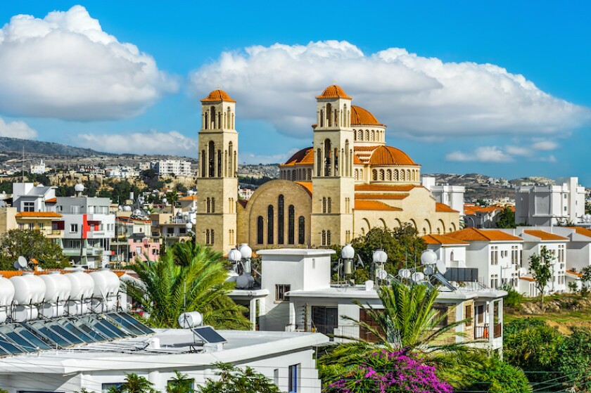 View on Paphos town and Agioi Anargyroi church, Paphos, Cyprus
