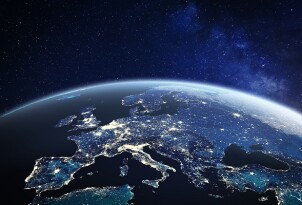 Europe viewed from space at night with city lights in European Union member states, global EU business and finance, satellite communication technology, 3D render of planet Earth, world map from NASA