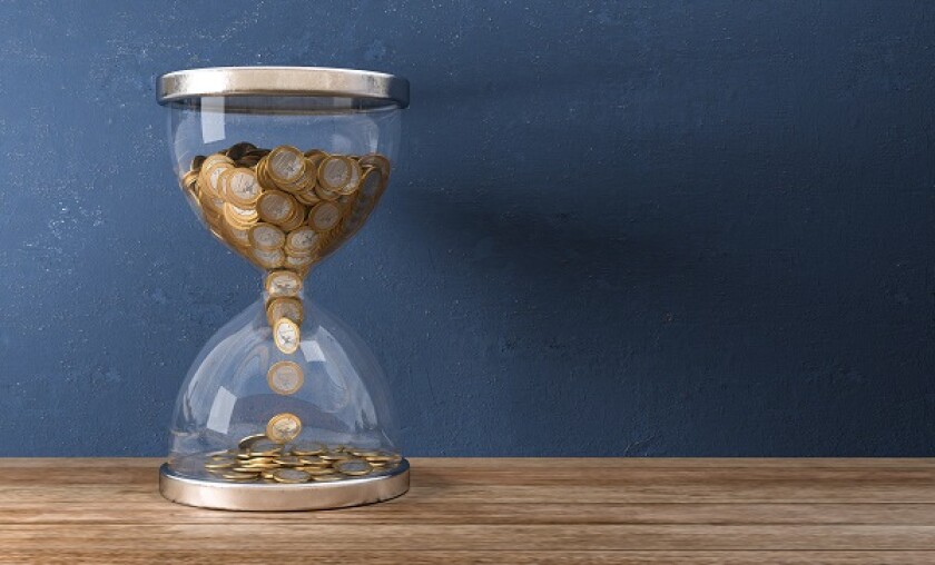 3D Illustration Sanduhr mit Geldmünzen