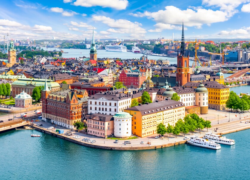 Stockholm old town (Gamla Stan) cityscape from City Hall top, Sw