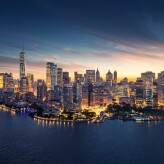 New York City panorama skyline at sunrise. Manhattan office buil