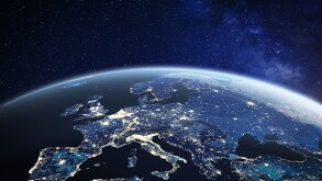 Europe viewed from space at night with city lights in European Union member states, global EU business and finance, satellite communication technology, 3D render of planet Earth, world map from NASA