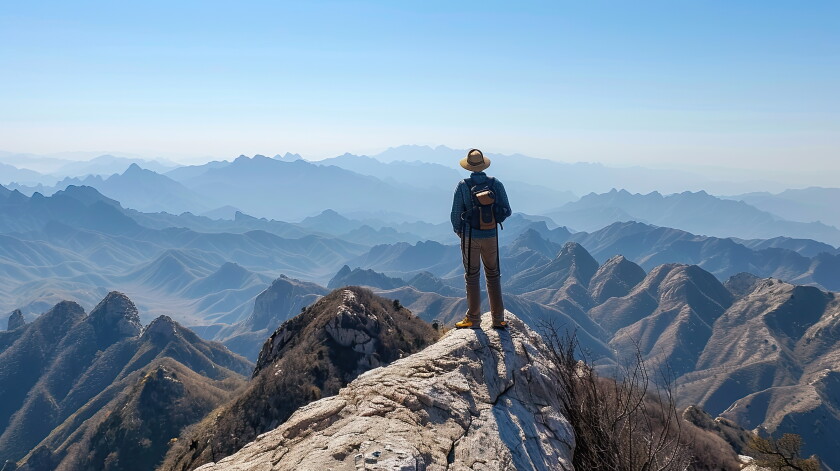 Lone traveler on mountain peak