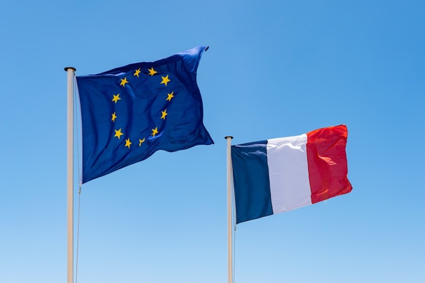 French and European Union (EU) Flag. Waving flags of France and 