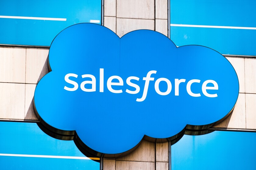 August 21, 2019 San Francisco / CA / USA - Close up of Salesforce logo displayed on one of their towers in downtown San Francisco